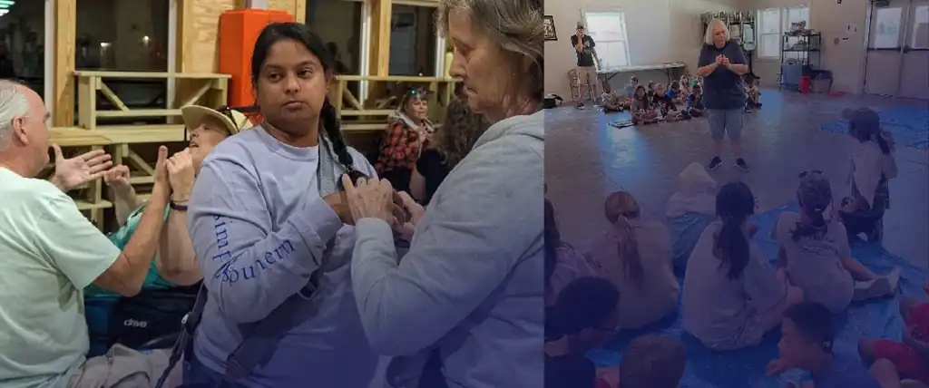 Banner of two images: Two pairs of people communicate in ProTactile: a group of campers watch a woman tell a story while standing. Blue overlay.