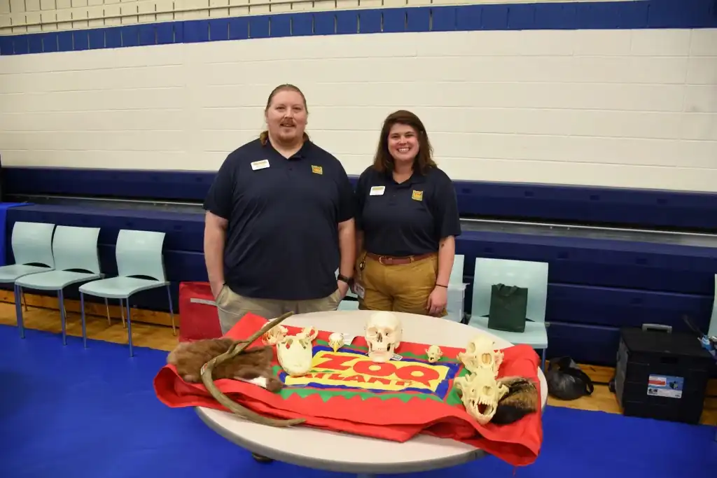 Two zoo staff members stand proudly behind a table displaying various animal skulls and pelts.  The zoo's logo is visible.
