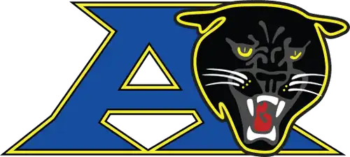 A logo featuring a blue "A" with a black panther's head. This mascot is for Atlanta Area School for the Deaf