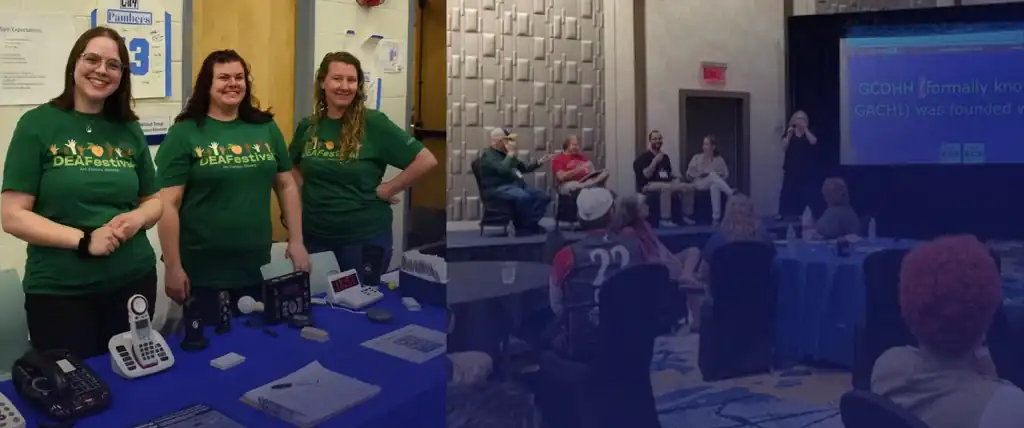 Banner of two images: three DEAFestival staff stand at a table wearing green tshirts: several people are seated on stage, with a host running a game of trivia, as audience members watch.