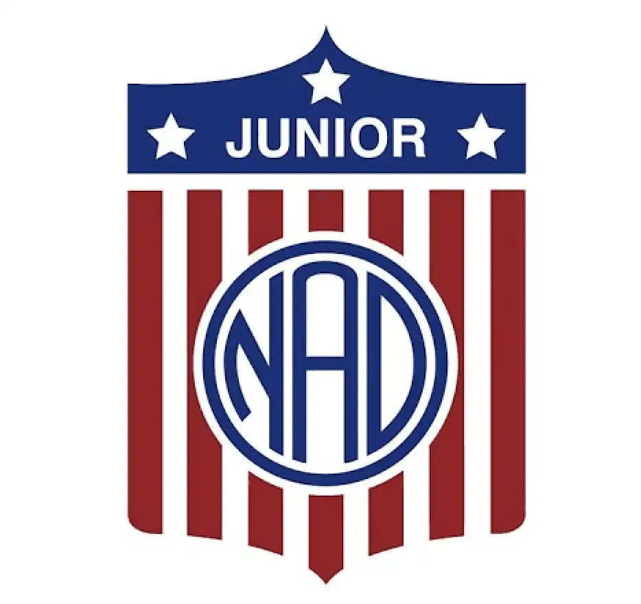 Junior National Association of the Deaf logo: A shield-shaped emblem with red and white stripes, a blue circle with "NAD" in the center, and "JUNIOR" at the top.