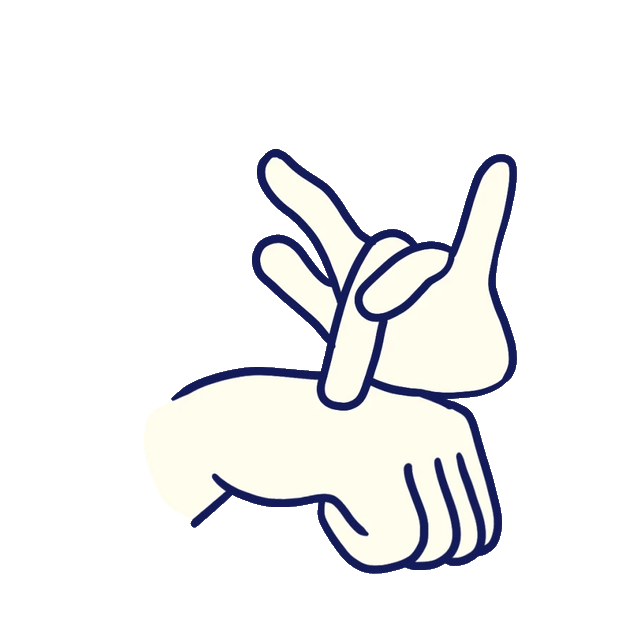 Animated cartoon hands signing RESOURCES in American Sign Language